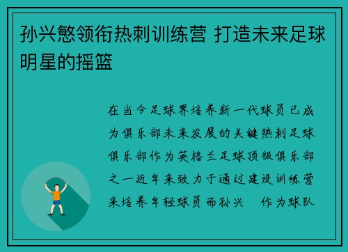 孙兴慜领衔热刺训练营 打造未来足球明星的摇篮